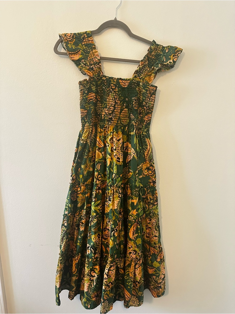 Kourt Calypso Tropical Floral Print Green Tiered Ruffle Maxi Dress Small - Picture 2 of 6